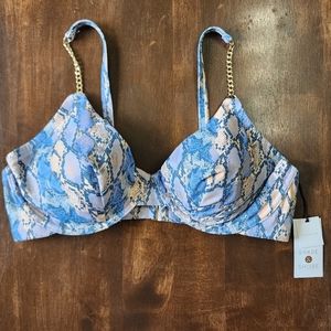 Women's Underwire Chain Strap Detail Bikini Top Blue Snake Print Size 38D